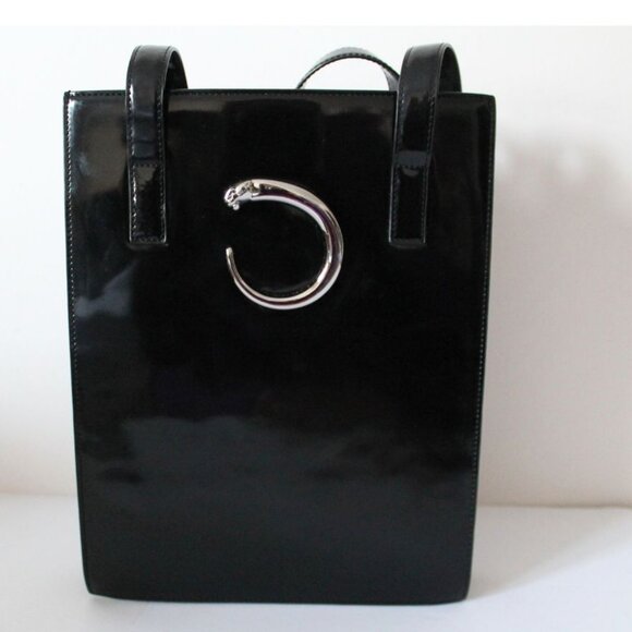 Cartier Handbags - Cartier Vintage Black Silver Panther Pantent Leather Handbag